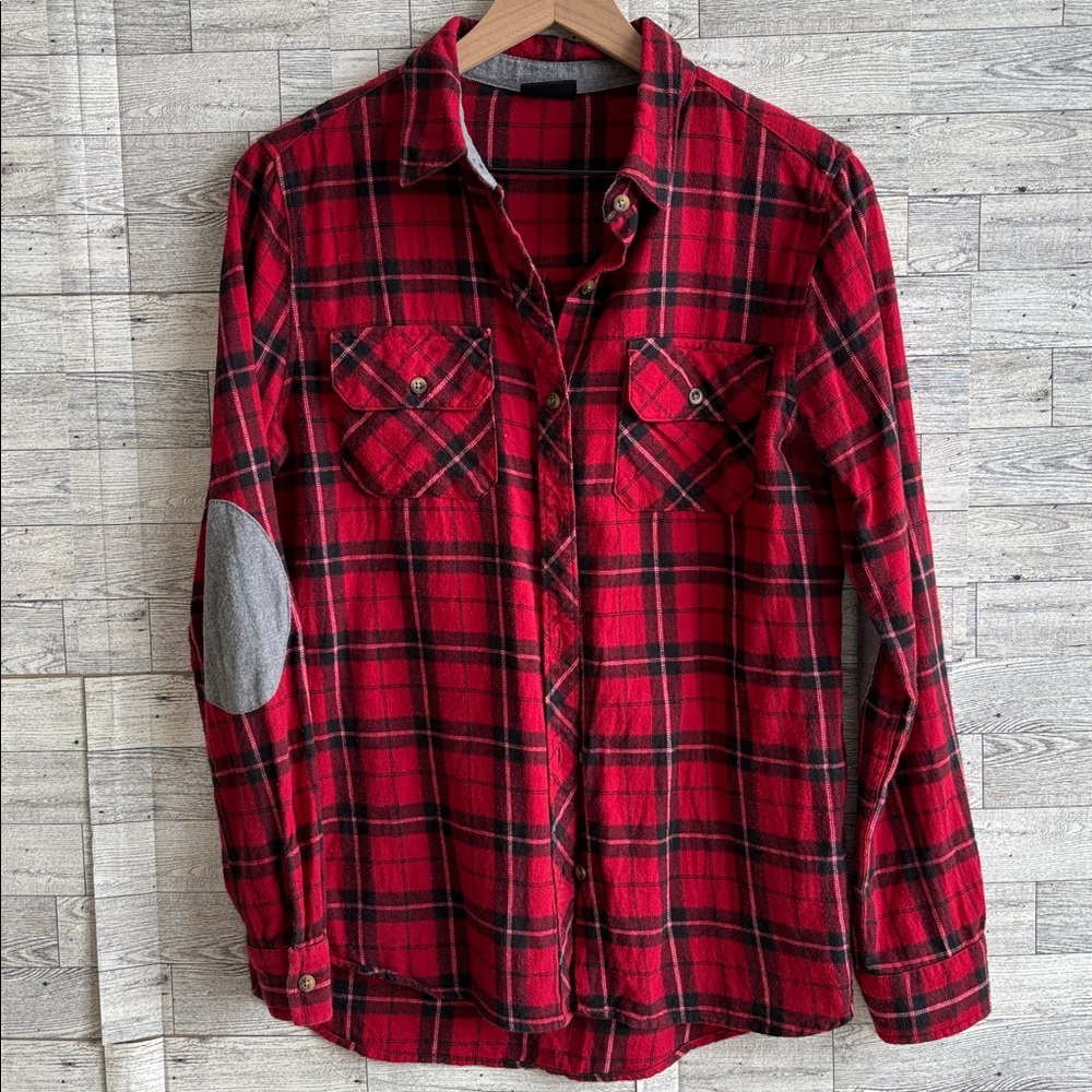Red plaid‎ flannel Empyre Unisex Button Up elbo patches size small Zumiez